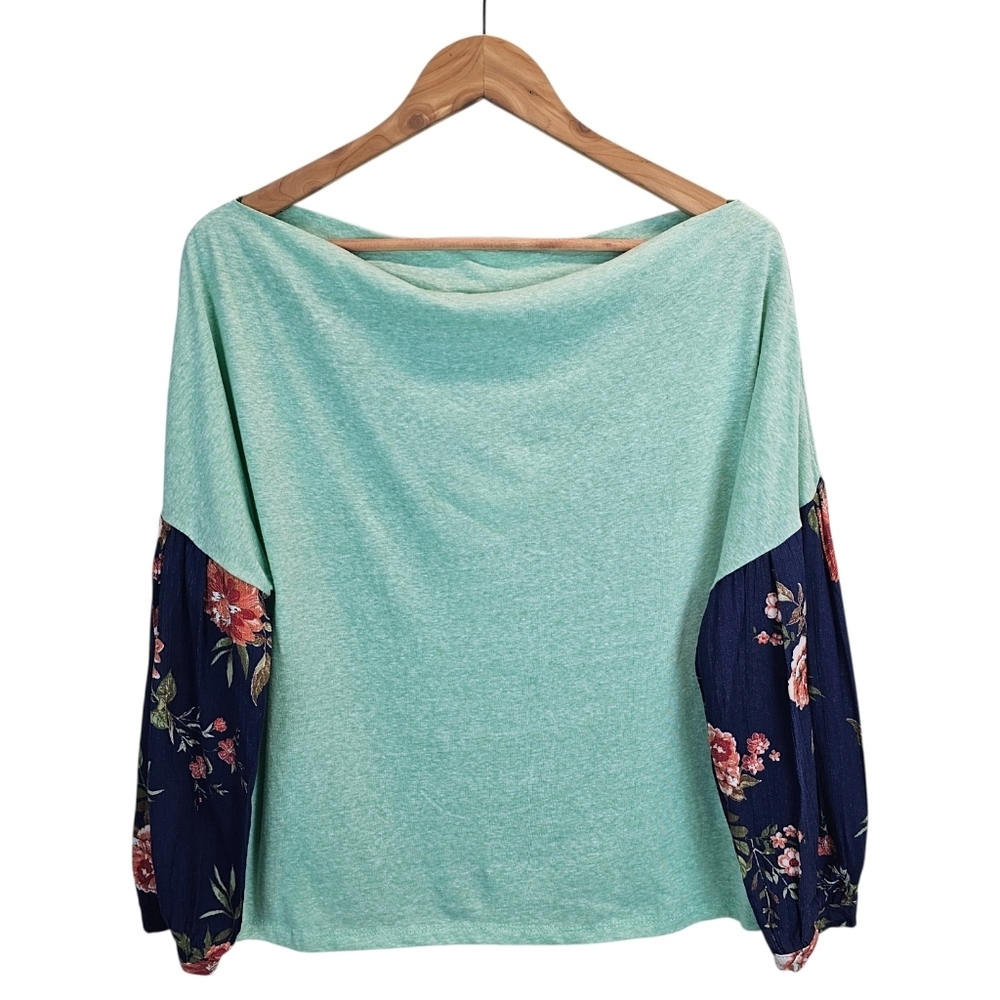 NWT Umgee Mint Green Knit Top Floral Contrast Sleeves Boho Cottagecore Size L